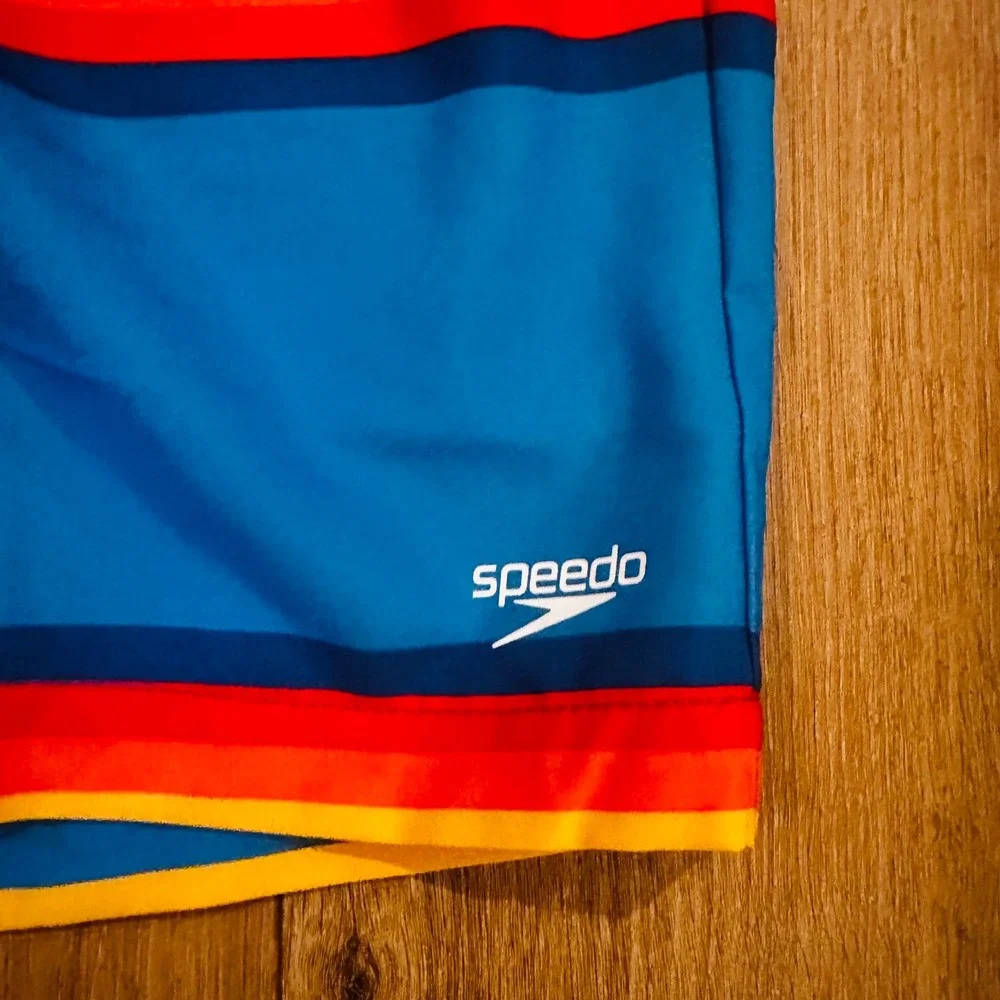 Speedo Mens Swim Trunks Blue Retro Stripe UPF 50+ Comfort Stretch 7784551400 M